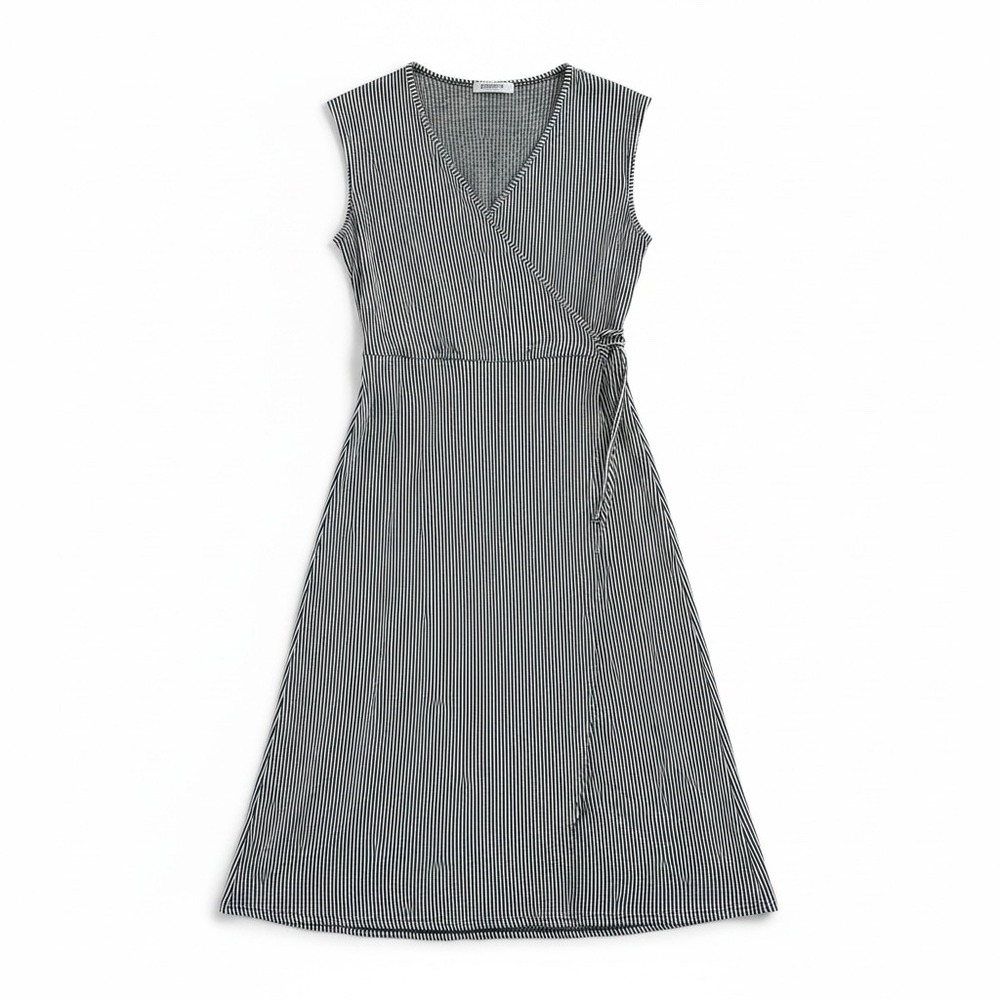 StitchWurks Los‎ Angeles Black White Pinstripe Wrap Midi Dress Sleeveless Large